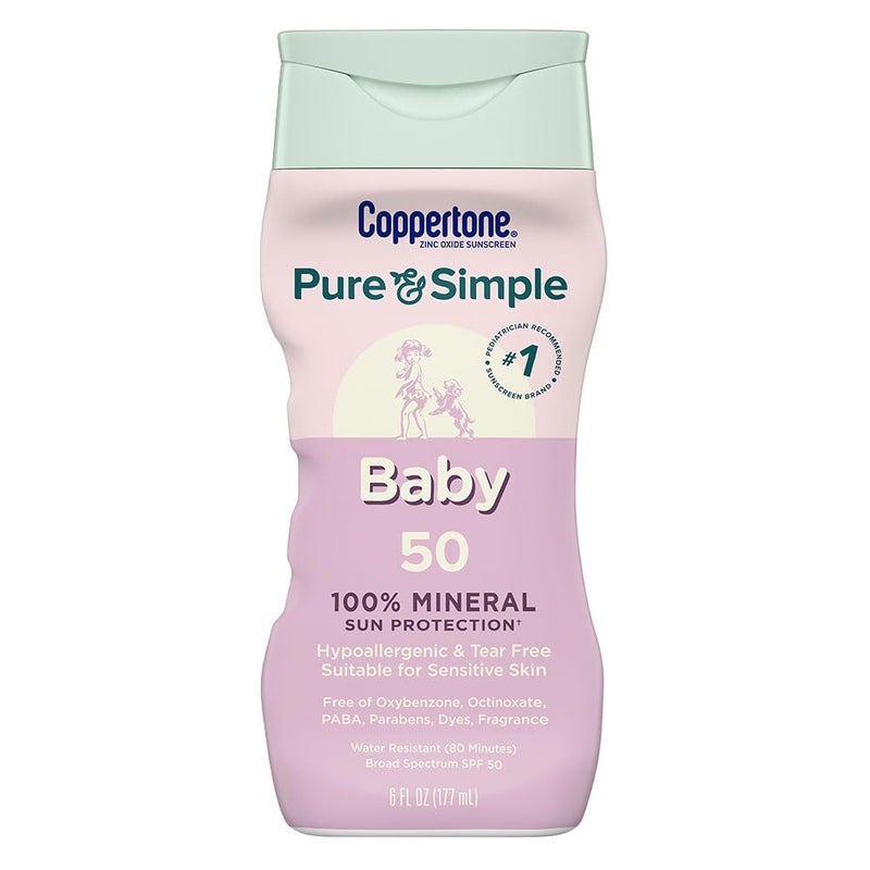 Coppertone لوسيون واقي شمس للأطفال نقي وبسيط SPF 50، واقي شمس معدني أكسيد الزنك للأطفال، مضاد للحساسية وخالي من الدموع، زجاجة 6 أونصات سائلة - Image 1
